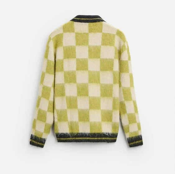 Casual Fashion Men's Long Sleeve Fluffy Mohair Sweater Square Pattern Color Blocking Design Knitted Pullover