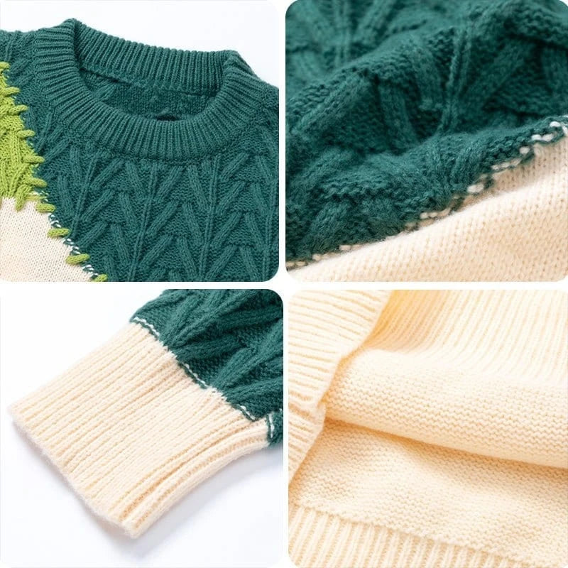 Casual Knit Pullover Colorblocked Chunky Knit Sweater Crew Neck Long Sleeve Men's Sweater