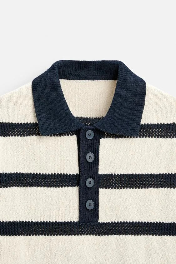 Casual Business POLO Knit Sweater Long Sleeve Stripe Design Wool Blend Knit Sweater for Men