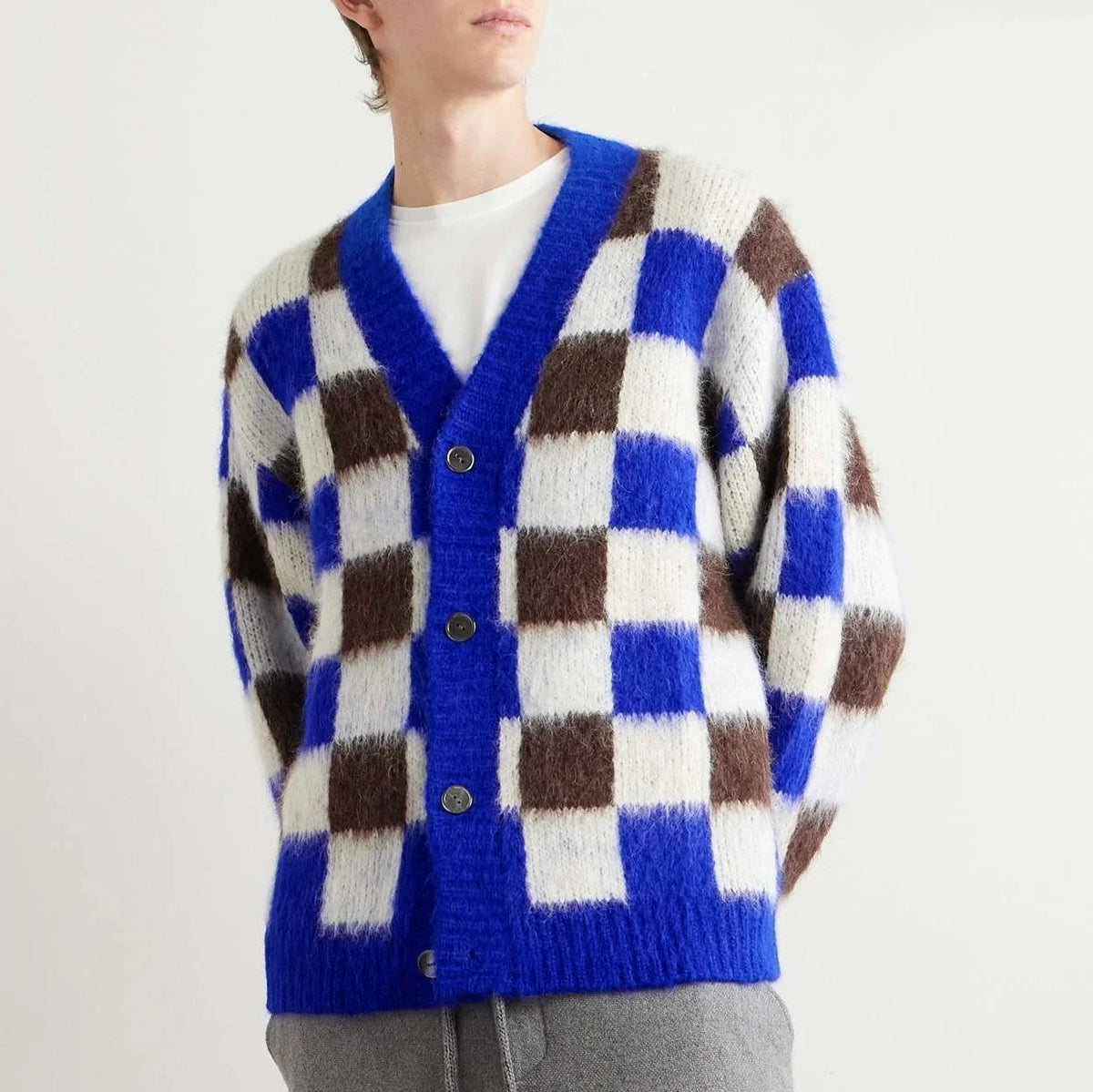 Square Color Blocking Design Mohair Cardigan Sweater Knitted Casual Fashion for Winter