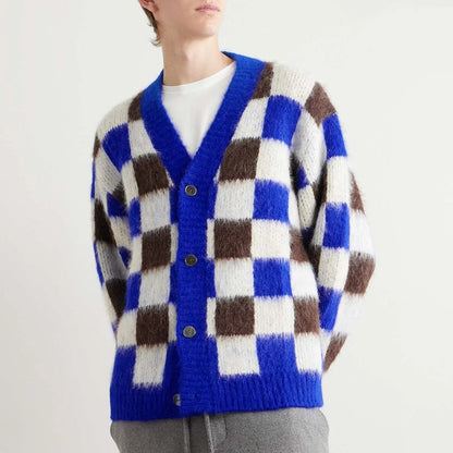Square Color Blocking Design Mohair Cardigan Sweater Knitted Casual Fashion for Winter