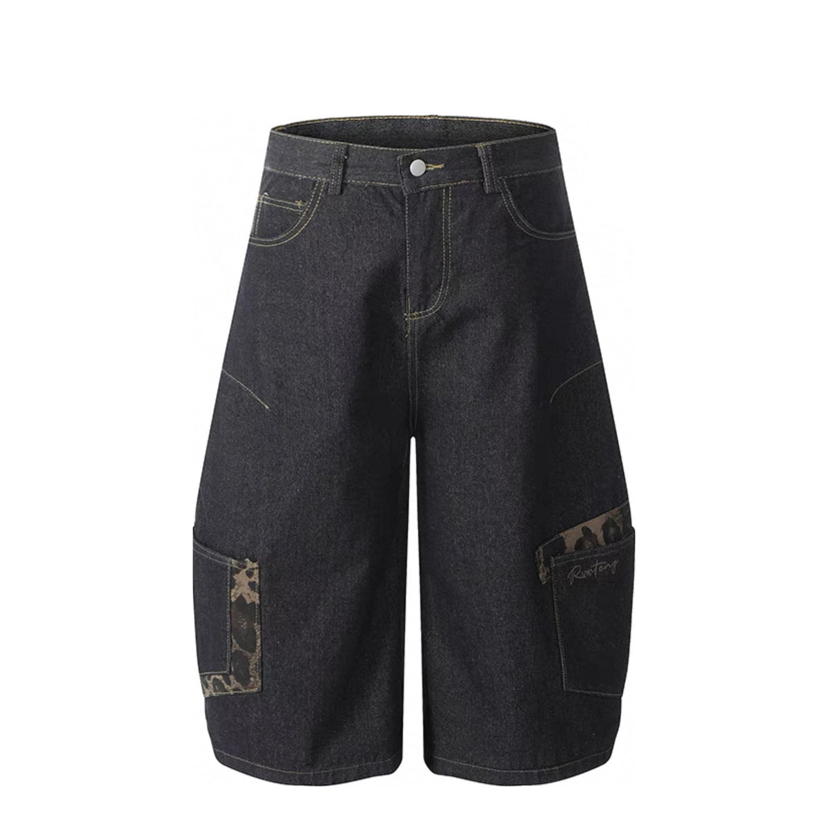 Vintage Curved Short Jeans Leopard Patchwork Breathable Mid Waist Denim Overalls for Men Cotton Summer Knitted