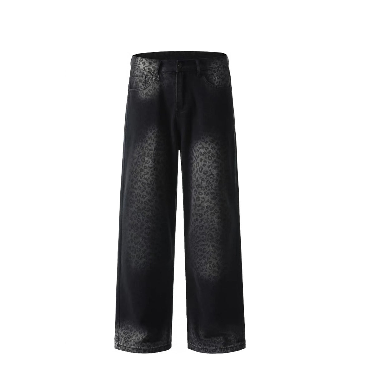 Black Wash Denim Five Pockets Wide-Leg Pants with Leopard Print Design Vintage Y2K Style Baggy Denim Jeans for Winter