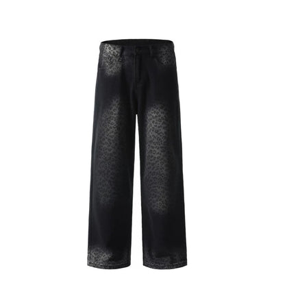 Black Wash Denim Five Pockets Wide-Leg Pants with Leopard Print Design Vintage Y2K Style Baggy Denim Jeans for Winter