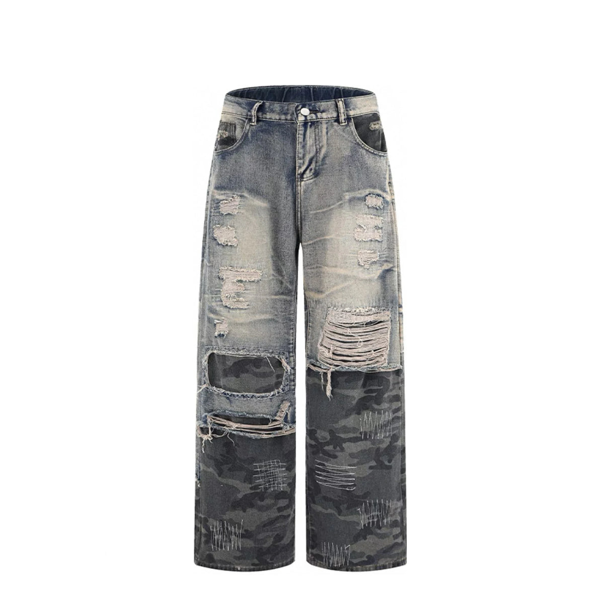 2025 Vintage American High Street Straight Pants Camouflage Stitched Loose Denim Washed for Autumn/Winter Season