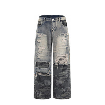 2025 Vintage American High Street Straight Pants Camouflage Stitched Loose Denim Washed for Autumn/Winter Season