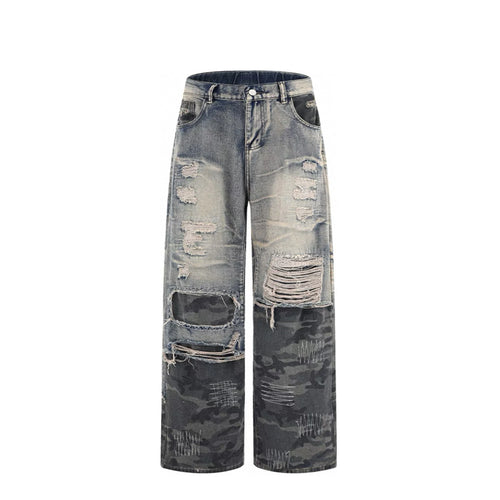 2025 Vintage American High Street Straight Pants Camouflage Stitched Loose Denim Washed for Autumn/Winter Season
