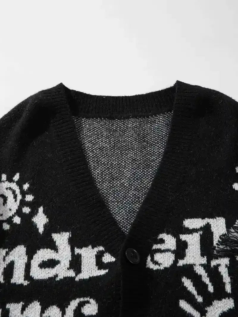 Street Style V-Neck Sweater Torn Loose Knit Cardigan Cotton Jacquard Men's Knit Cardigan