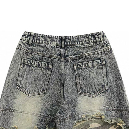 Men's Vintage Acid Washed Distressed Denim Shorts Breathable Mid Waist Casual Straight Jorts for Summer Streetwear