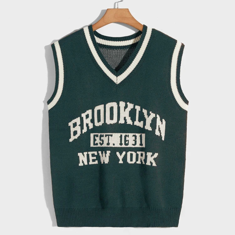 Jacquard Letters Knitted Pullover Knitwear Sleeveless V Neck Knit Sweater Vest for Men