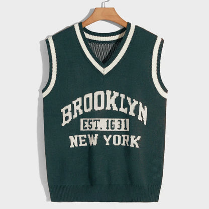 Jacquard Letters Knitted Pullover Knitwear Sleeveless V Neck Knit Sweater Vest for Men