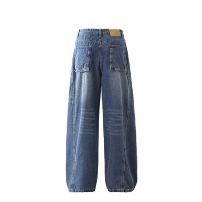 American Retro High Quality Men's Scimitar Jeans Baggy Loose Wide-leg Design Distressed Dark Wash Trendy Wide Leg for Winter