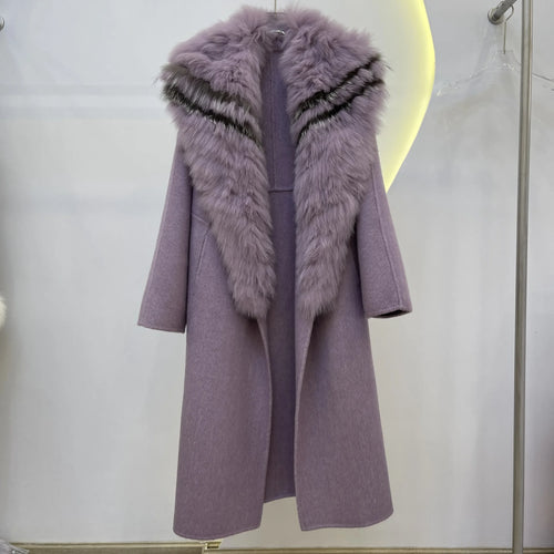 Color Fashion Outwear Big Fur Collar Design Clothing Belted Cashmere Wool Plus Long Coat for Ladies