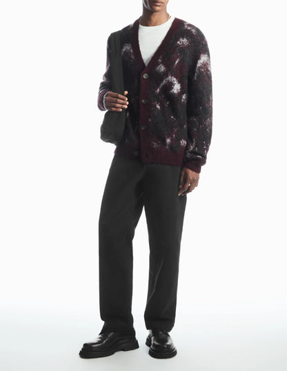 Men's Mohair Cardigan Sweater Casual Fit Furry Jacquard Knitted Cardigan