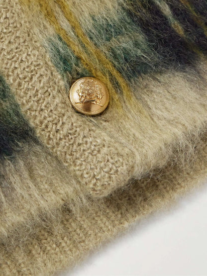 Men's Fashionable V-Neck Furry Mohair Sweater Cardigan Pockets Brushed Jacquard Knit Winter Pattern