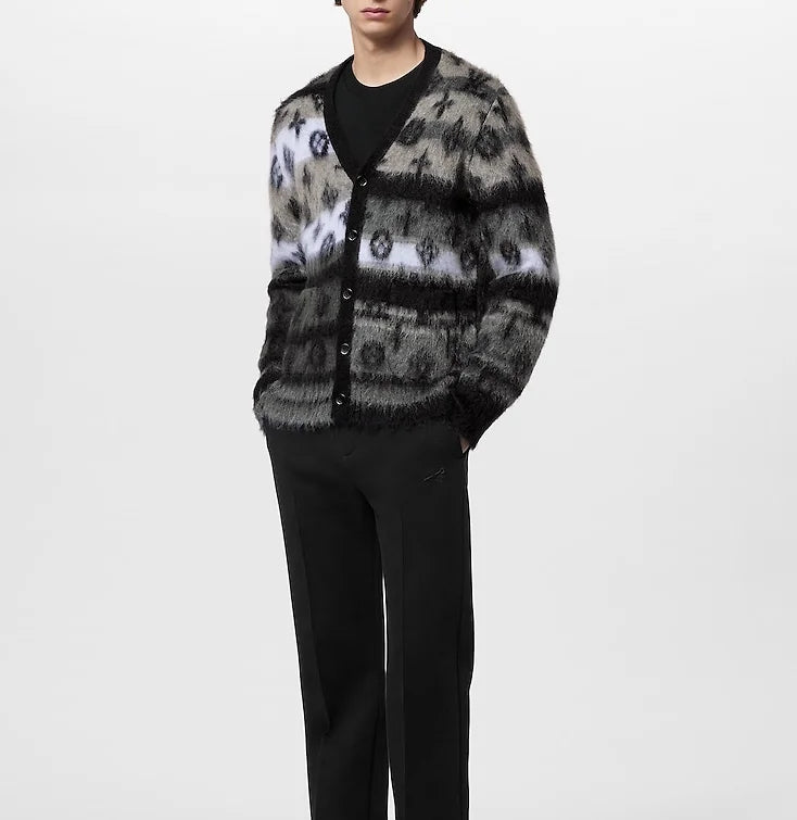 Pattern Long-Sleeved Furry Knitted Cardigan Men's Jacquard Mohair Sweater