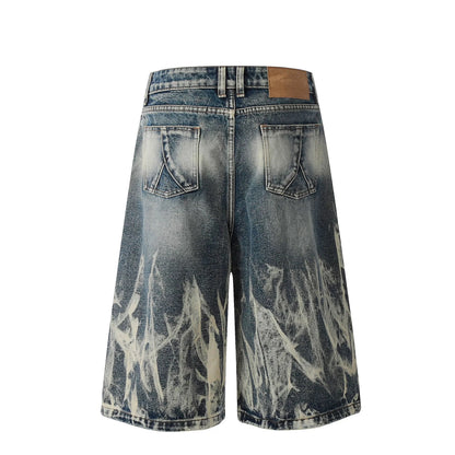 Trendy Punk Tie-Dye Jeans Pants Vibe Gradient Washed Frayed Wide-Leg Loose Straight Shorts Breathable Denim Casual Summer Style