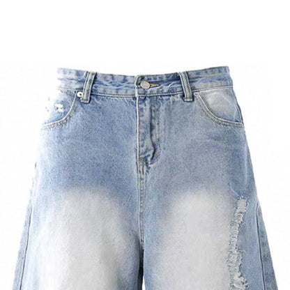 Unisex Trendy Mid Waist Knitted Wide Leg Denim Shorts Vintage Casual Style with Distressed Print Men's Summer Button Hole