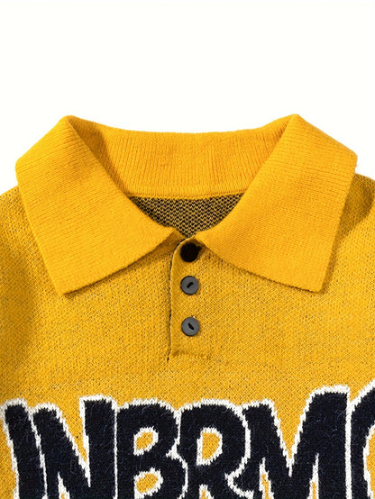 Casual Street Style POLO Knitted Sweater Long Sleeve Cotton Jacquard Men's Sweater
