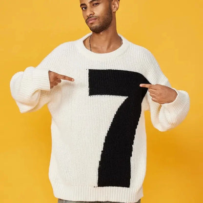 Casual Loose Knit Pullover Jacquard Letter Crew Neck Wool Blend Anti-Pilling Knit Sweater
