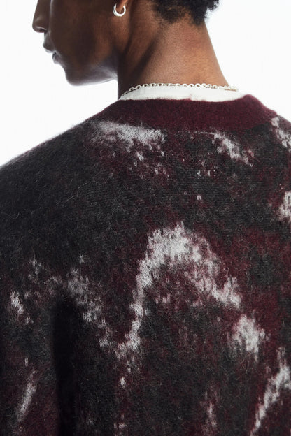 Men's Mohair Cardigan Sweater Casual Fit Furry Jacquard Knitted Cardigan