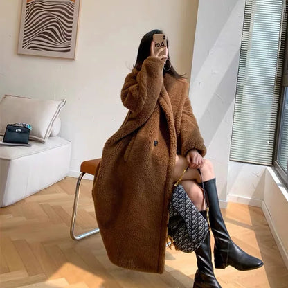 2026 Fashion Winter Long Double Notched Women's Wool Coat Thick Lamb Fur Women's Fur Coat