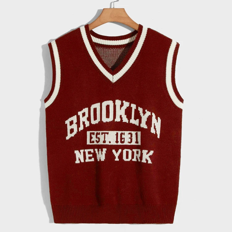 Jacquard Letters Knitted Pullover Knitwear Sleeveless V Neck Knit Sweater Vest for Men