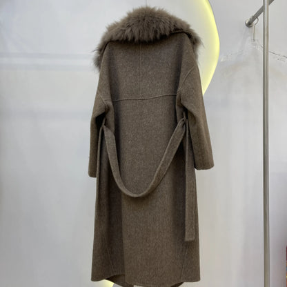 Color Fashion Outwear Big Fur Collar Design Clothing Belted Cashmere Wool Plus Long Coat for Ladies