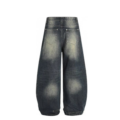 100% Cotton Vintage Wide Leg Pants Embroidery and Rivet Decorated Medium Wash Denim for Autumn and Winter Season