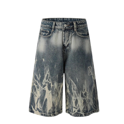 Trendy Punk Tie-Dye Jeans Pants Vibe Gradient Washed Frayed Wide-Leg Loose Straight Shorts Breathable Denim Casual Summer Style