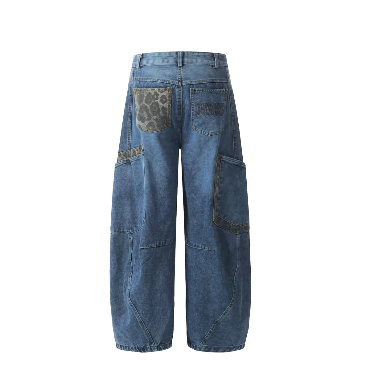 Blue Light Washed Jeans Balloon Shape Fashion Pleated Loose Wide Leg Big Pockets Vintage Straight Style for Winter Denim