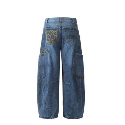 Blue Light Washed Jeans Balloon Shape Fashion Pleated Loose Wide Leg Big Pockets Vintage Straight Style for Winter Denim