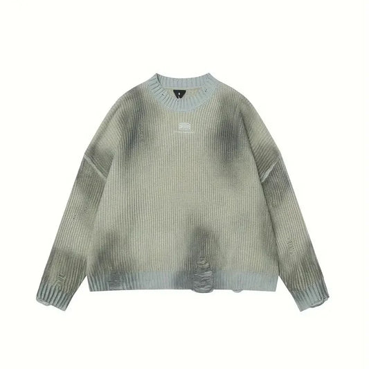 Faux Old Embroidery Crew Neck Sweater Street Style 100% Cotton Ragged Effect Knit Sweater for Men