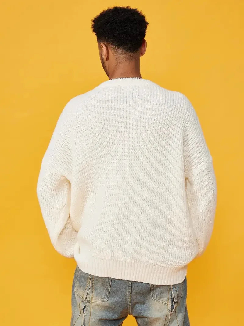 Casual Loose Knit Pullover Jacquard Letter Crew Neck Wool Blend Anti-Pilling Knit Sweater