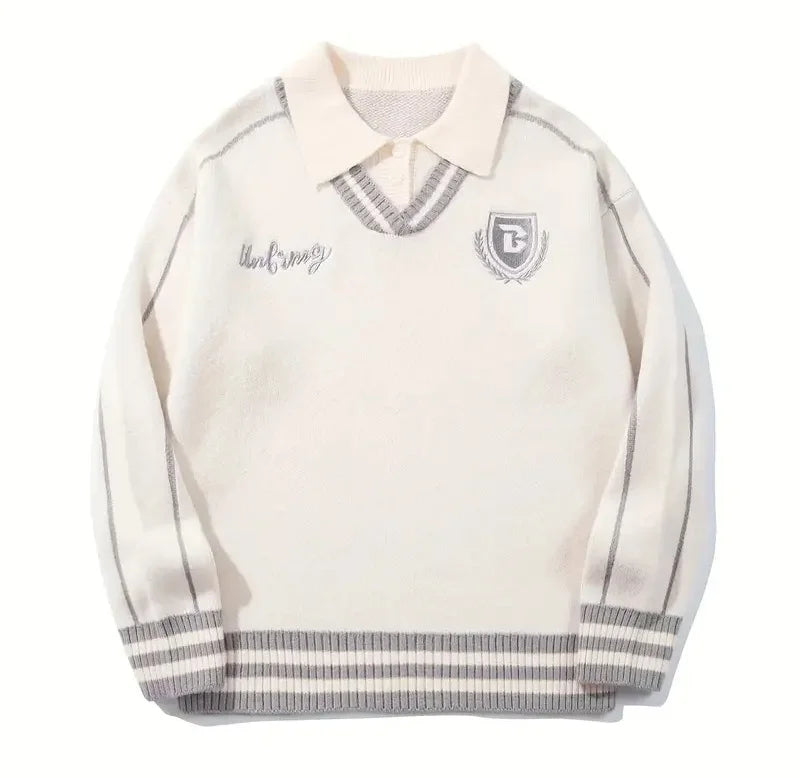 Embroidered Casual College Style POLO Knit Sweater Long Sleeve Wool Blend Unisex Sweater