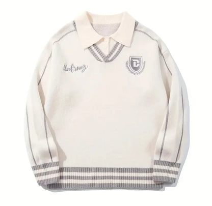 Embroidered Casual College Style POLO Knit Sweater Long Sleeve Wool Blend Unisex Sweater