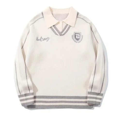 Embroidered Casual College Style POLO Knit Sweater Long Sleeve Wool Blend Unisex Sweater