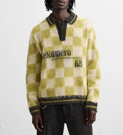 Casual Fashion Men's Long Sleeve Fluffy Mohair Sweater Square Pattern Color Blocking Design Knitted Pullover