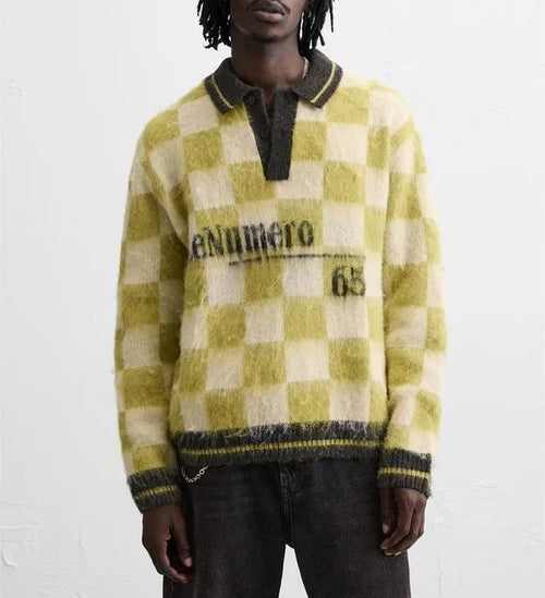 Casual Fashion Men's Long Sleeve Fluffy Mohair Sweater Square Pattern Color Blocking Design Knitted Pullover