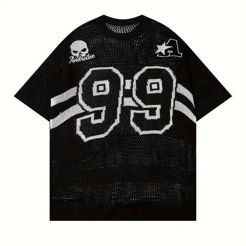 Design Pattern Jacquard Knit 100% Cotton T-Shirt Short-Sleeved Loose Hollow Casual Pullover for Summer