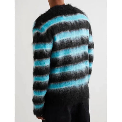 Men's V-Neck Cardigan Sweater for Autumn and Winter Striped Mohair Knit Long Sleeve With Pattern Decoration