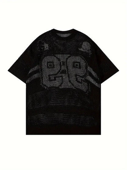 Design Pattern Jacquard Knit 100% Cotton T-Shirt Short-Sleeved Loose Hollow Casual Pullover for Summer