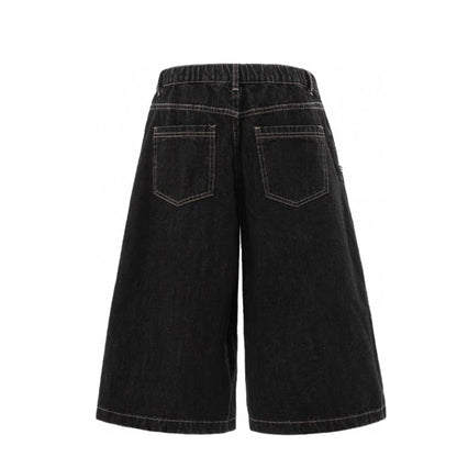 Men's Casual Summer Street Wear Oversized Crystal Decorated Mid Waist Denim Straight Jeans Shorts Knee Length