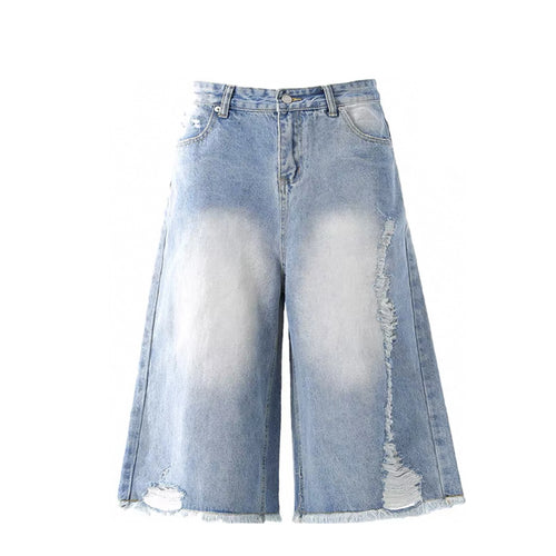 Unisex Trendy Mid Waist Knitted Wide Leg Denim Shorts Vintage Casual Style with Distressed Print Men's Summer Button Hole
