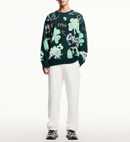 Jacquard Pattern Design 100% Cotton Knitted Pullover Sweater Loose Casual Sweater for Men