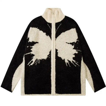 Zipper Knit Jacket Fluffy Butterfly Jacquard Sweater Cardigan Winter Warm Men's Sweater Jacket