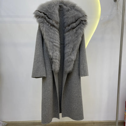 Color Fashion Outwear Big Fur Collar Design Clothing Belted Cashmere Wool Plus Long Coat for Ladies