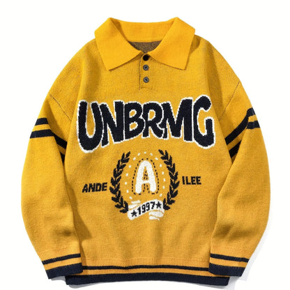 Casual Street Style POLO Knitted Sweater Long Sleeve Cotton Jacquard Men's Sweater