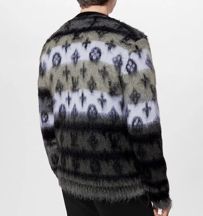 Pattern Long-Sleeved Furry Knitted Cardigan Men's Jacquard Mohair Sweater