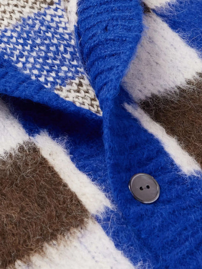 Square Color Blocking Design Mohair Cardigan Sweater Knitted Casual Fashion for Winter